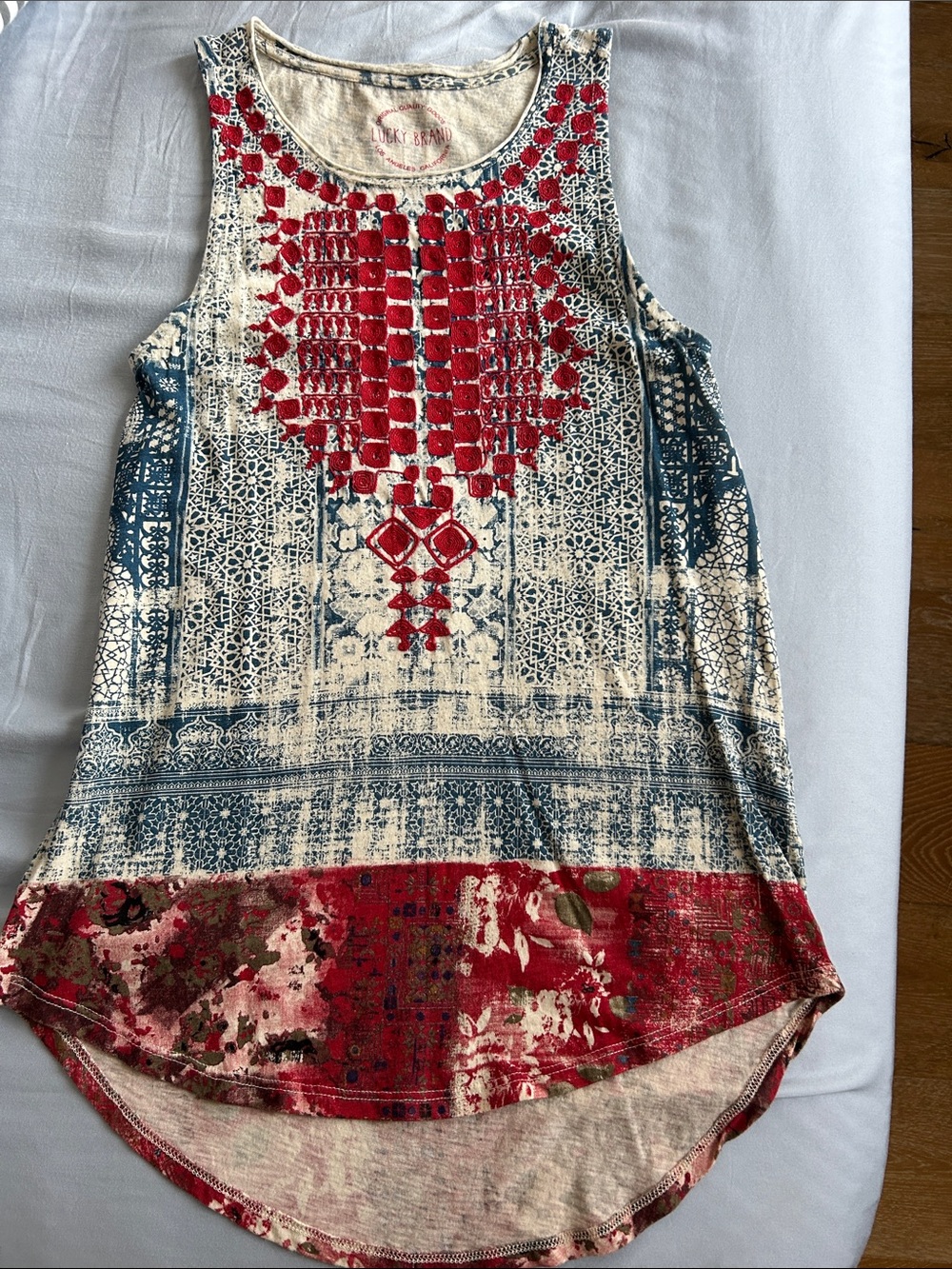 Lucky Brand Cream Tank with Red Embellished Yoke and Blue Print